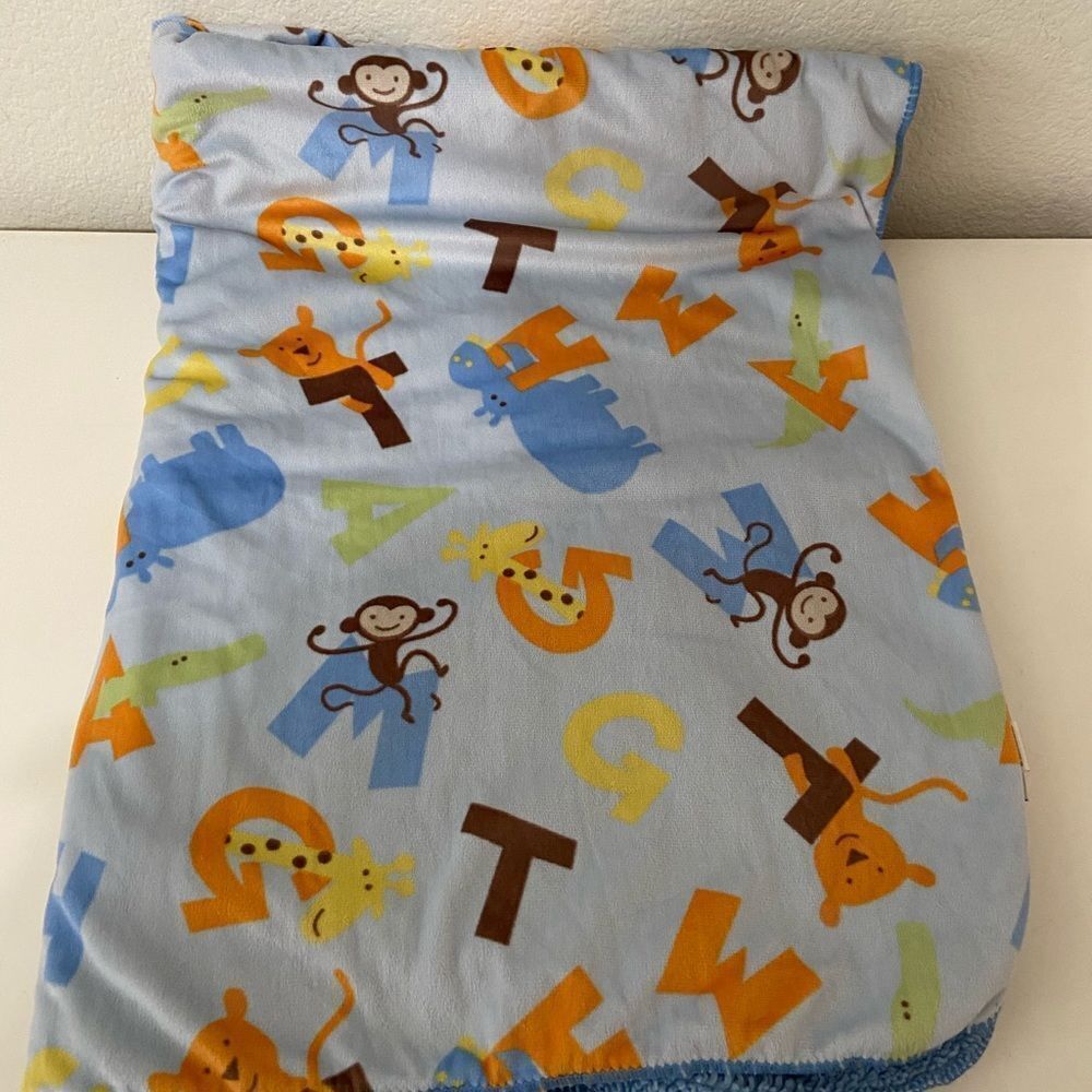 Chick Pea Blue Alphabet Animals Baby Blanket Sherpa Monkey Giraffe Hippo 30x40